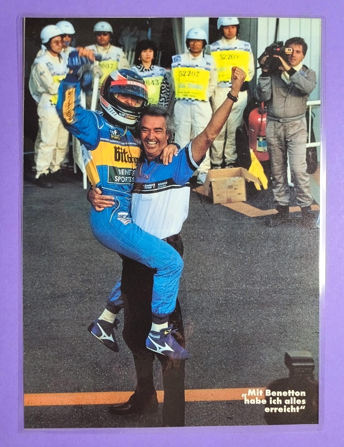 altes Bild laminiert, Michael Schumacher, Flavio Briatore, Benetton Renault, Formel 1 Grand Prix Pacific Aida 1995, 21x28cm