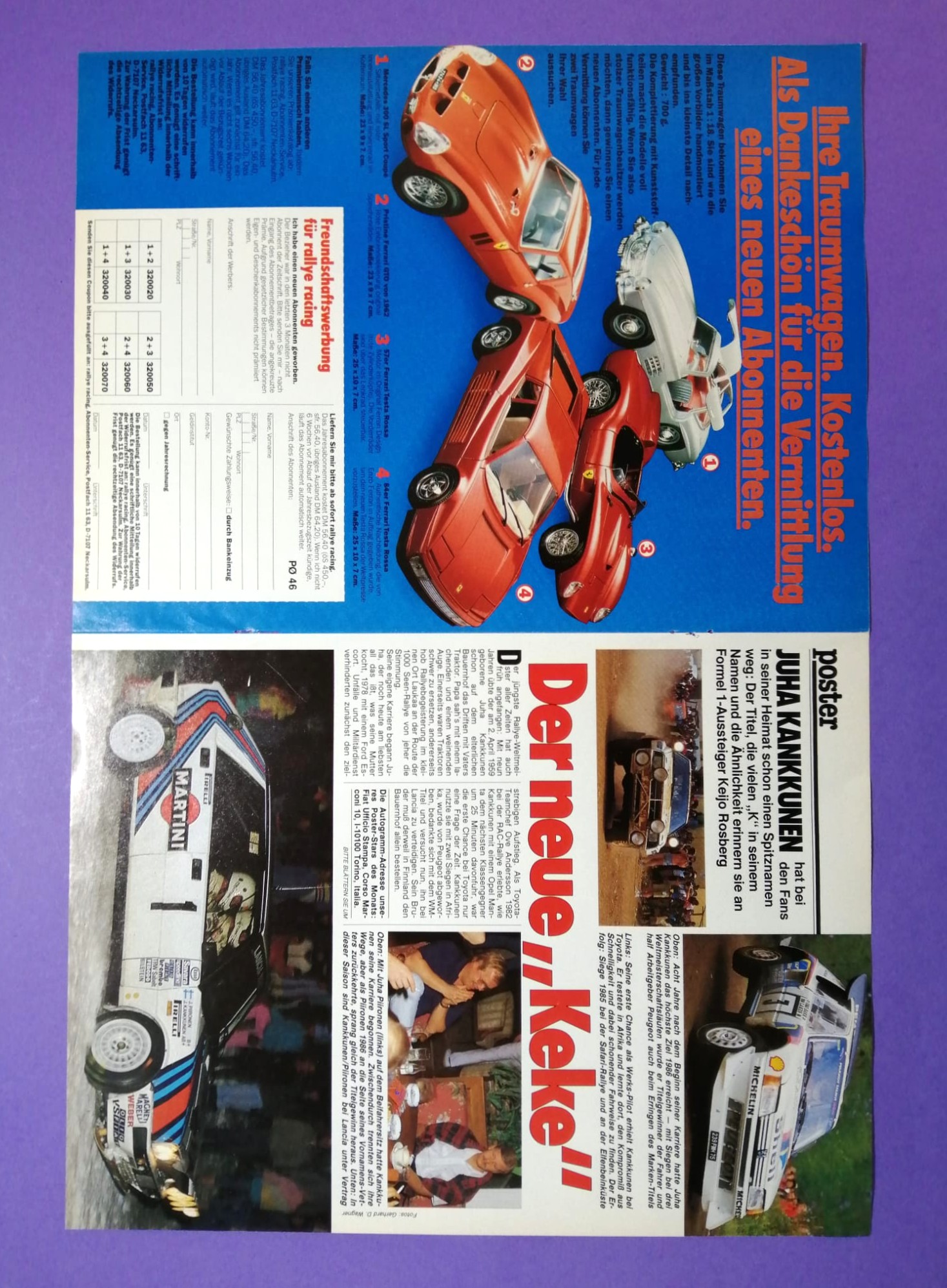 altes Poster, Juha Kankkunen, Martini Lancia Delta Integrale, Rallye Weltmeister 1987, 28x42cm