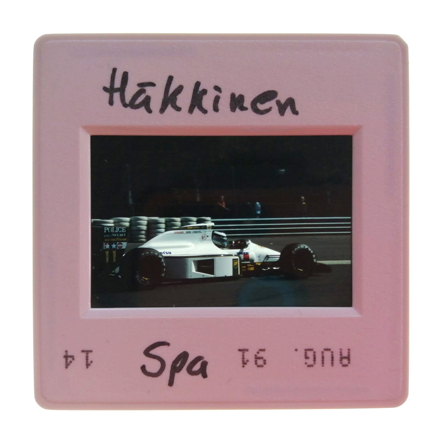 alte Presse Foto DIA, Mika Häkkinen, Lotus, Formel 1 Grand Prix Belgien Spa-Francorchamps 1991, 5x5cm