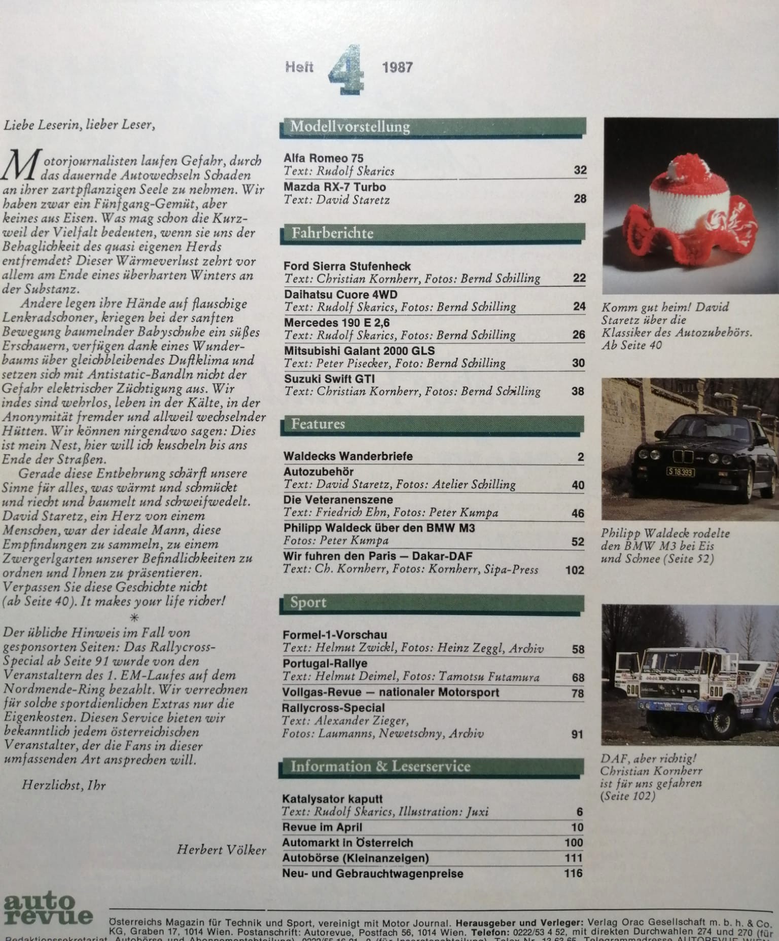 alte Auto Revue Zeitschrift Magazin Heft, 04/1987, Testbericht BMW M3 E30, Rallyecross EM Melk, Bentza, Breiteneder,.. mit Mittelposter Gerhard Berger, erster Ferrari Test Formel 1