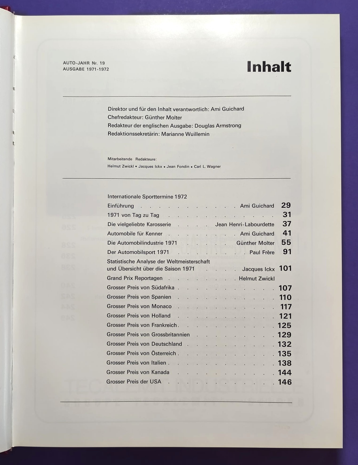 altes Buch, Auto Jahr 1971-1972, Nr. 19, Alfa Sud & Tipo 33, Alpine 110 & 310, BMW, Citroen, Lamborghini Miura, Lotus, Ferrari, Matra, Monteverdi, Porsche 917,.. Formel 1, 2, LeMans, Rallye, Indy Car, CanAm,.. Cevert, Stewart, Siffert, Peterson,..