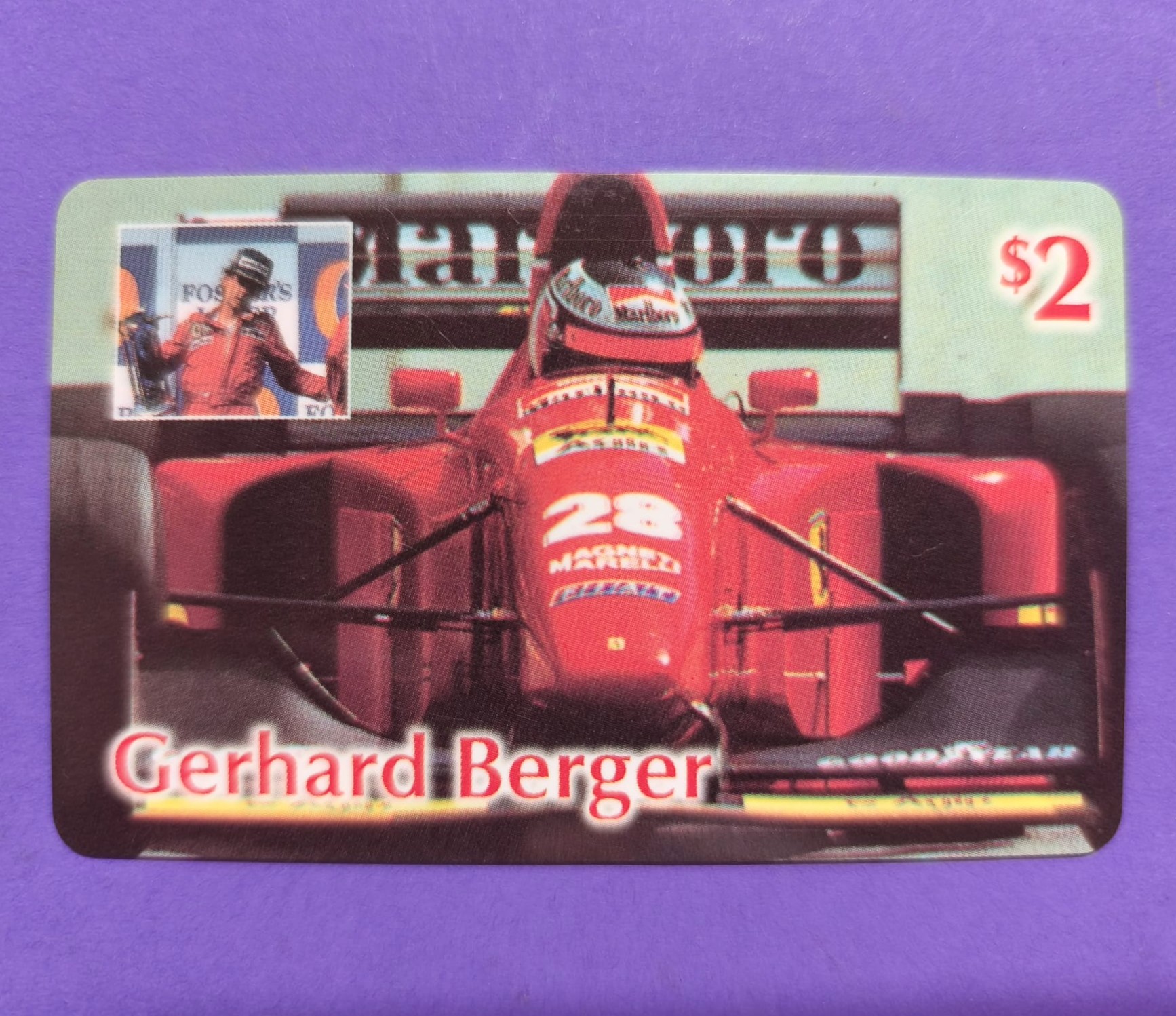 alte Telefonwertkarte, Gerhard Berger, Ferrari, Formel 1 Grand Prix 1994, 5,5 x 8,5 cm