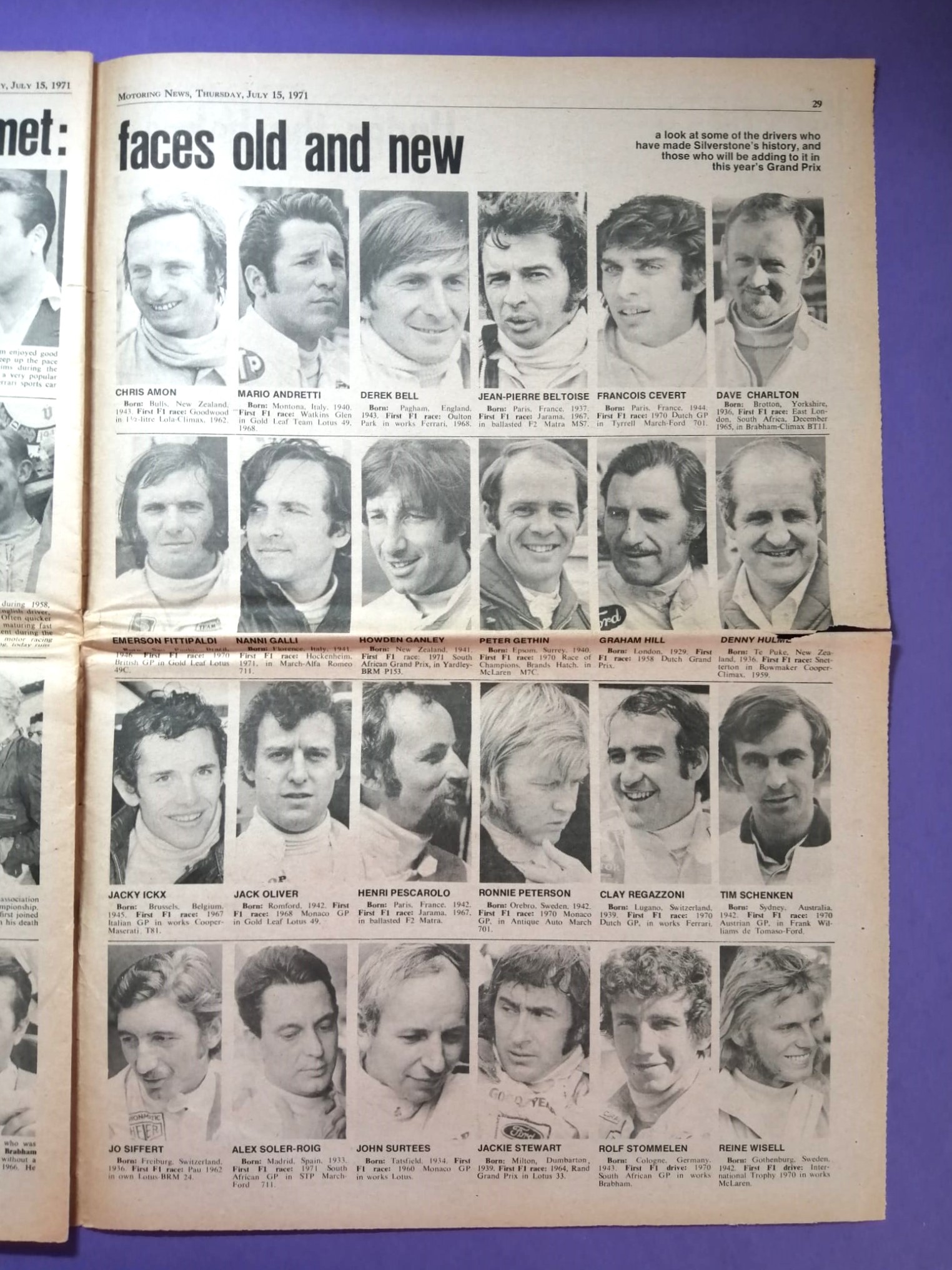RARITÄT! alte Zeitung, Motoring News, 15. Juli 1971, Cevert, Hill, Siffert, Peterson, Stewart, BRM, Tyrrell, Formel 1 Grand Prix,.. Englisch
