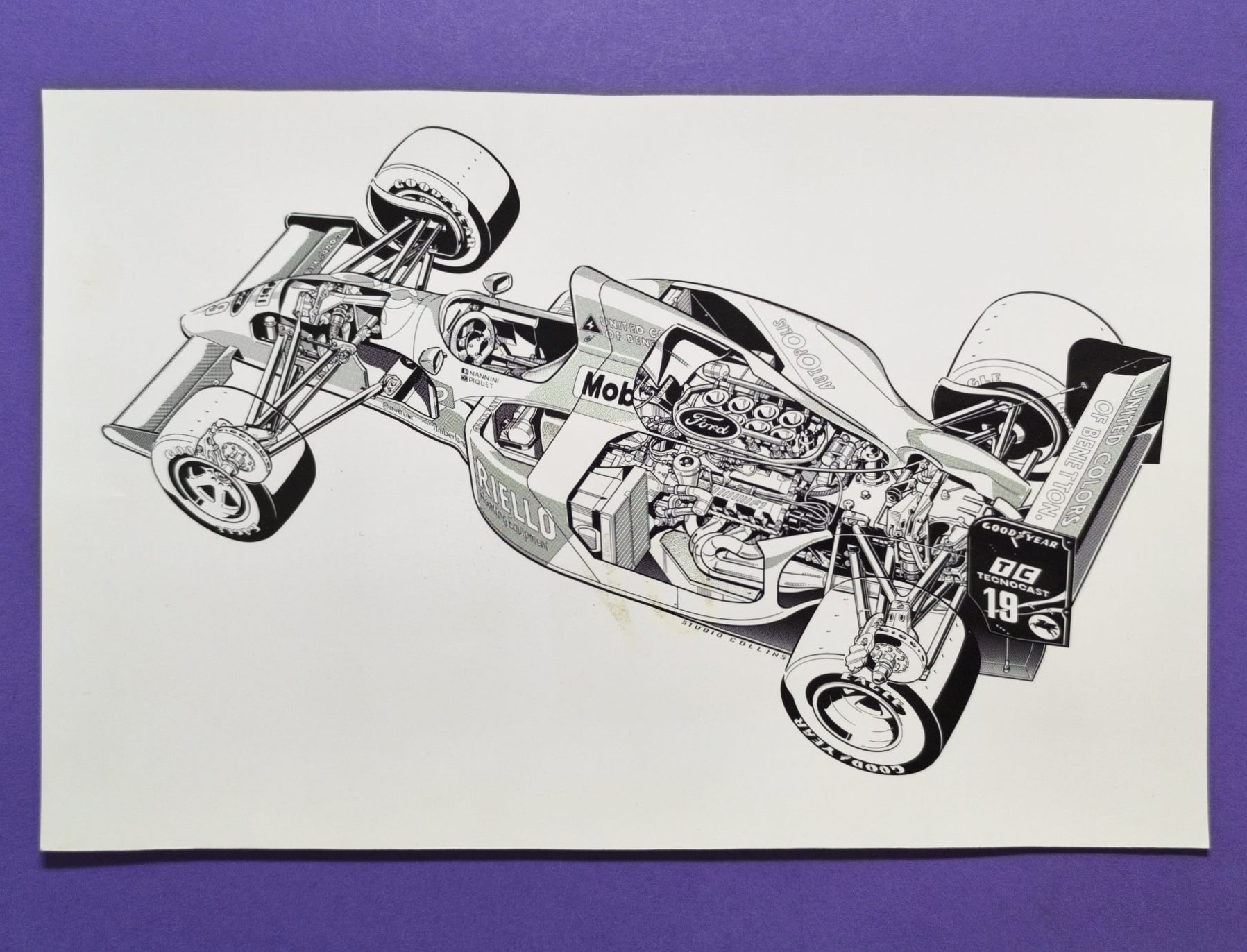 altes Presse Technikfoto, Benetton Ford B190, Formel 1 Grand Prix 1990, Alessandro Nannini, Nelson Piquet, 16x25cm