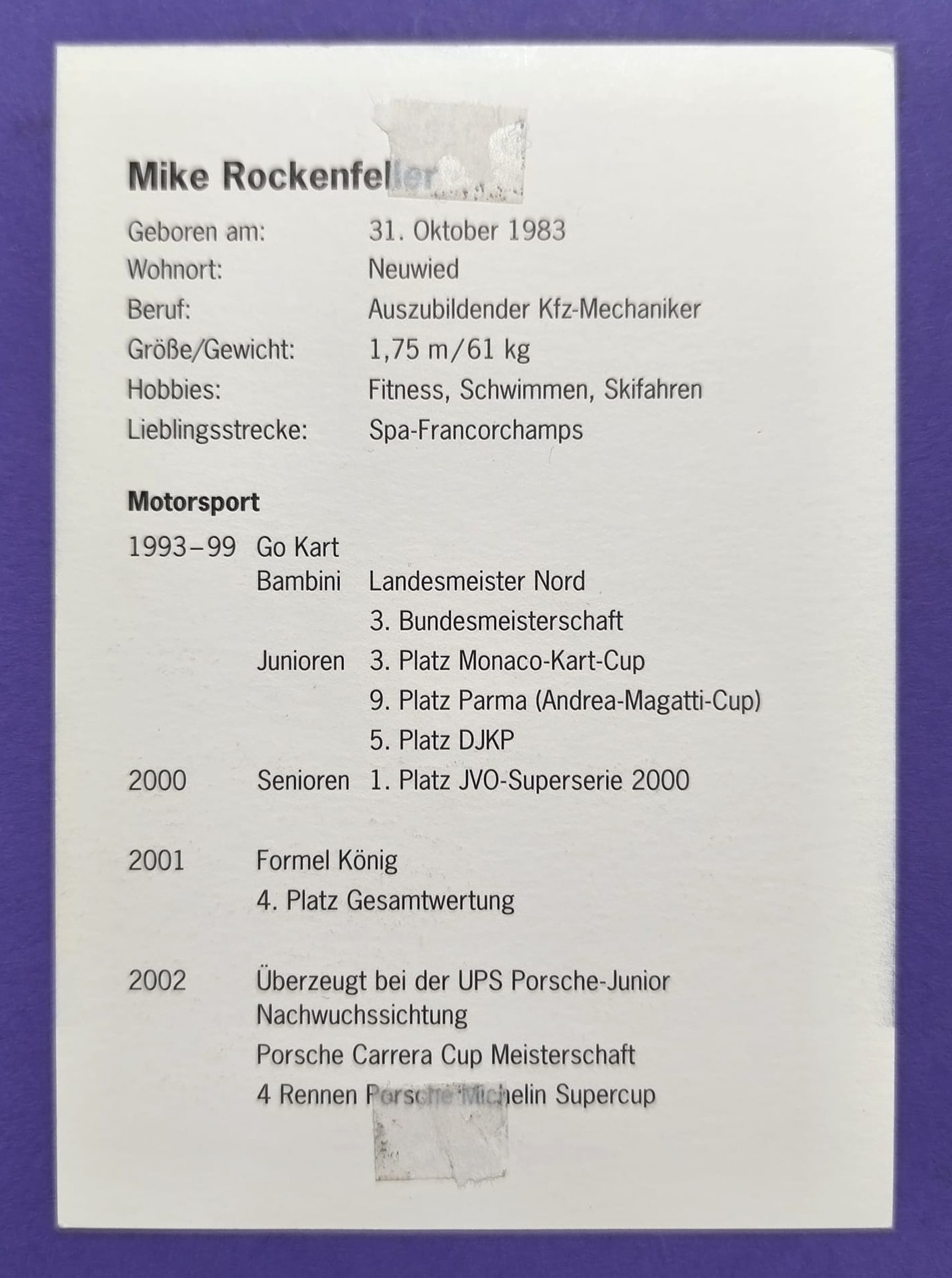 Original Autogramm, Mike Rockenfeller, Porsche 911 Supercup 2002, Junior Team, alte Karte 11x15cm