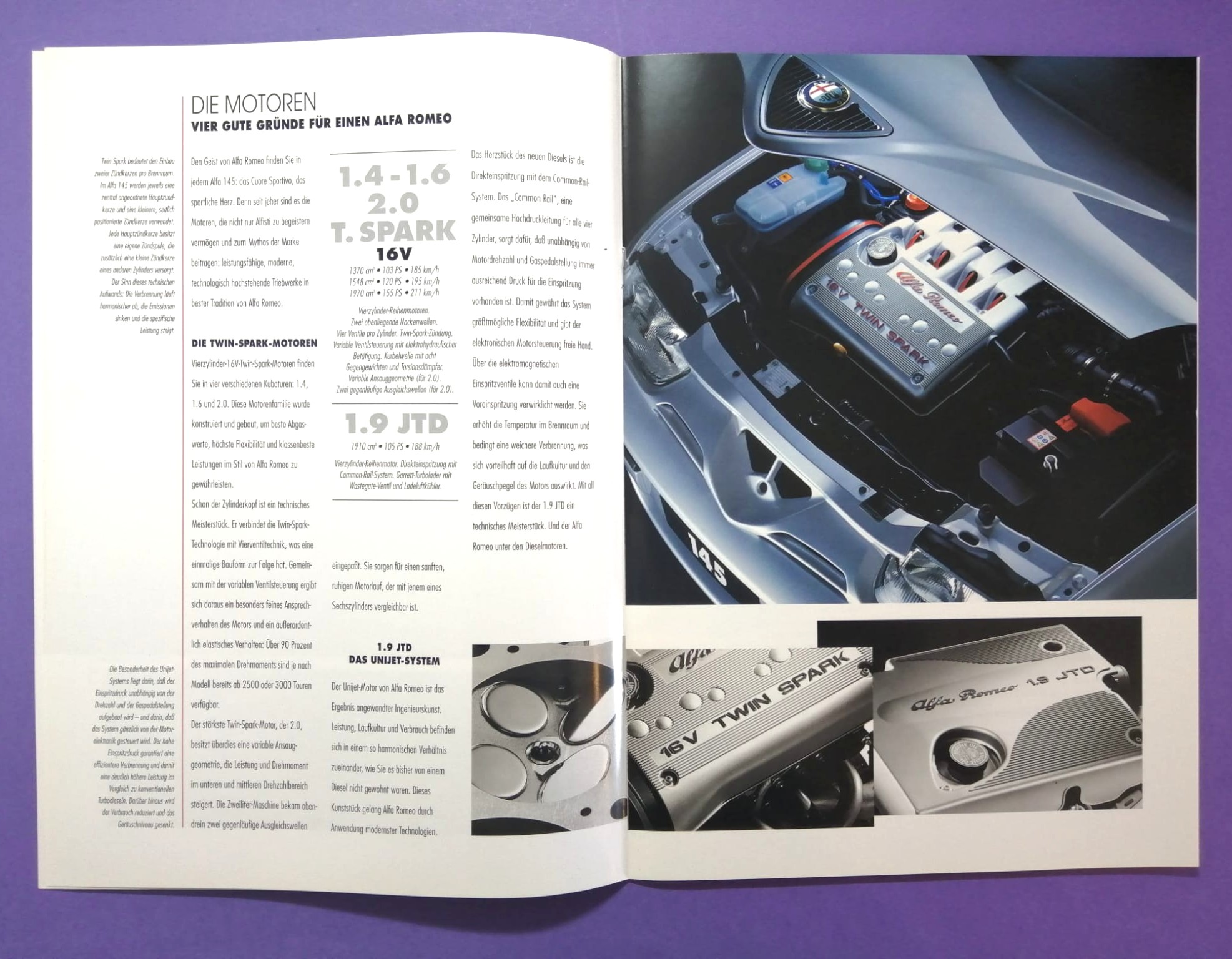 altes Original Autoprospekt, Alfa-Romeo 145, TI, Quadrifoglio,... aus dem Jahr 1997, 2 teilig