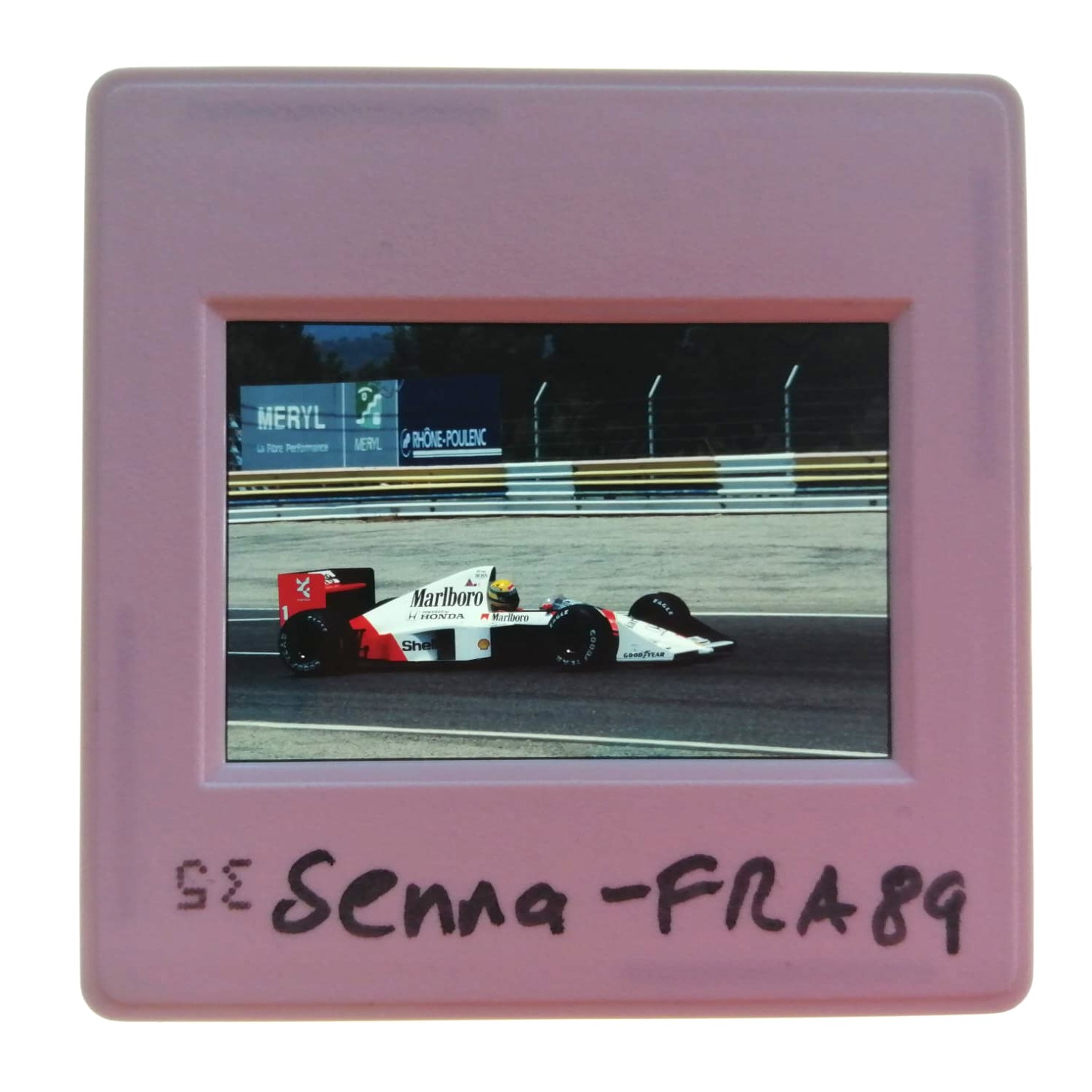 altes Presse Foto DIA, Ayrton Senna, McLaren Honda, Formel 1 Grand Prix Frankreich Le Castellet Paul Ricard 1989, 5x5cm