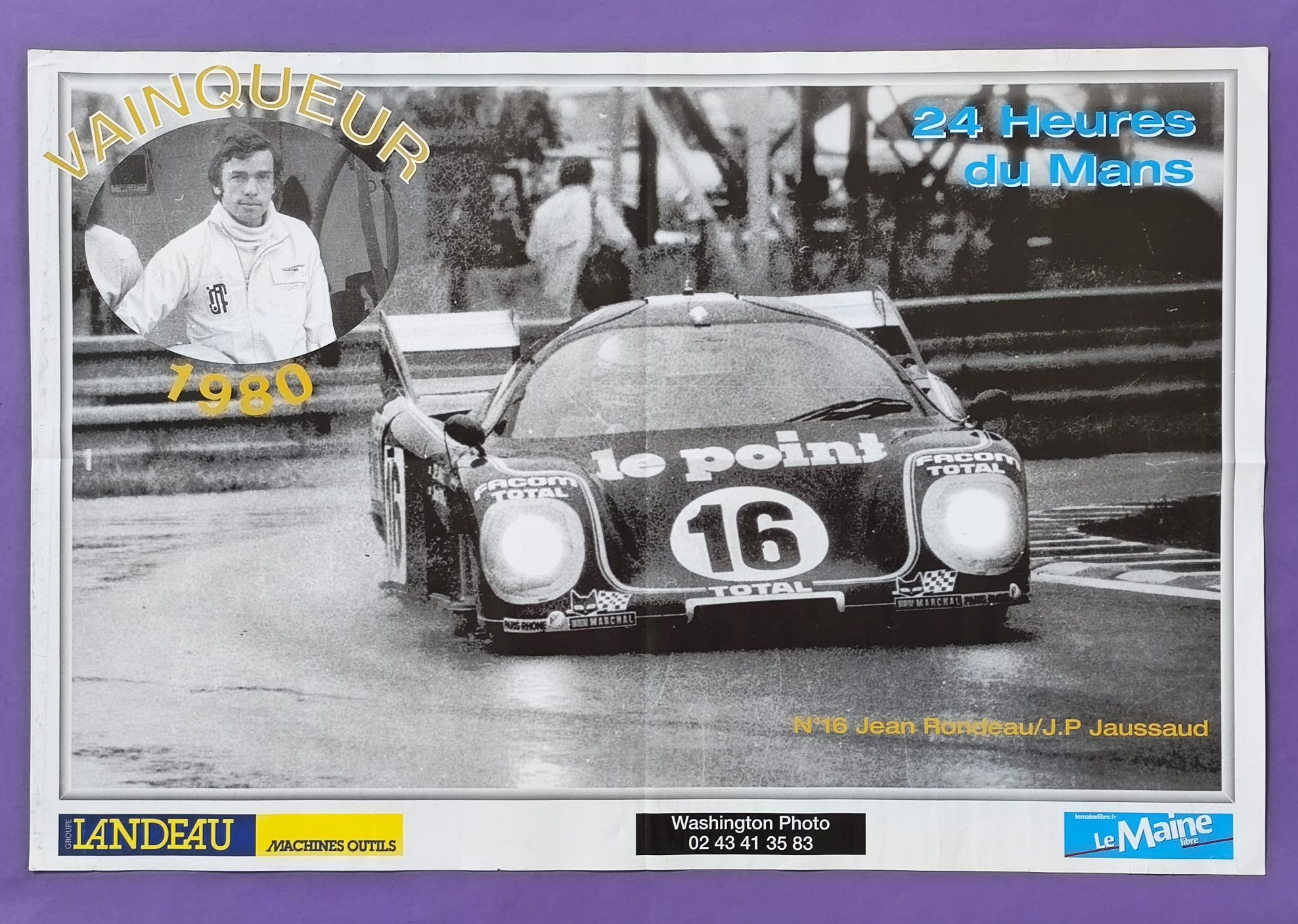 altes Poster, LePoint Rondeau M379 Cosworth, Jean Rondeau, Jean-Pierre Jaussaud, Sieger 24h LeMans 1980, 42x60cm