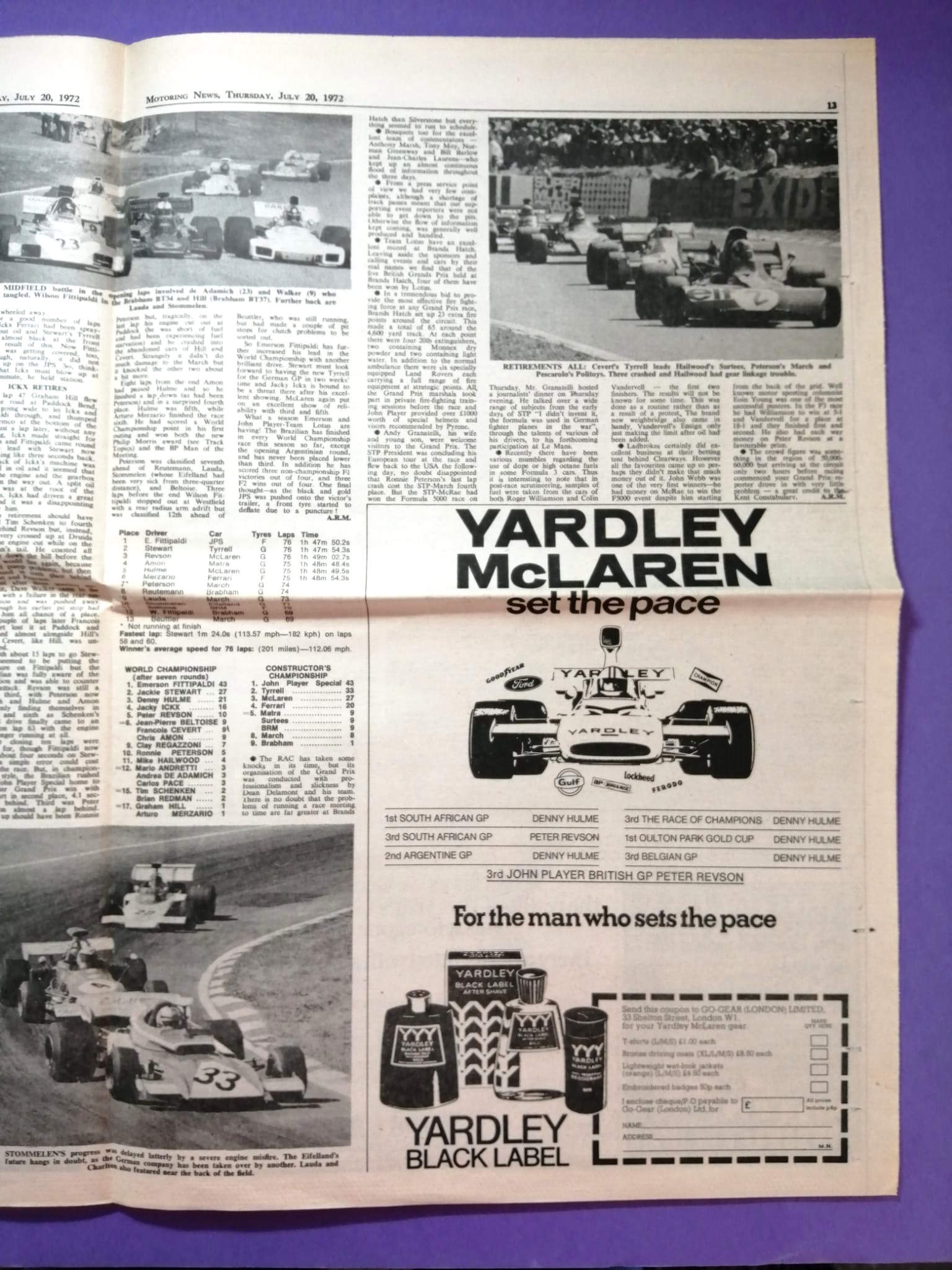 RARITÄT! alte Zeitung, Motoring News, 20 Juli 1972, Emerson Fittipaldi, John Player Lotus, Sieger Formel 1 Brand Hatch, Cevert,.. Englisch 