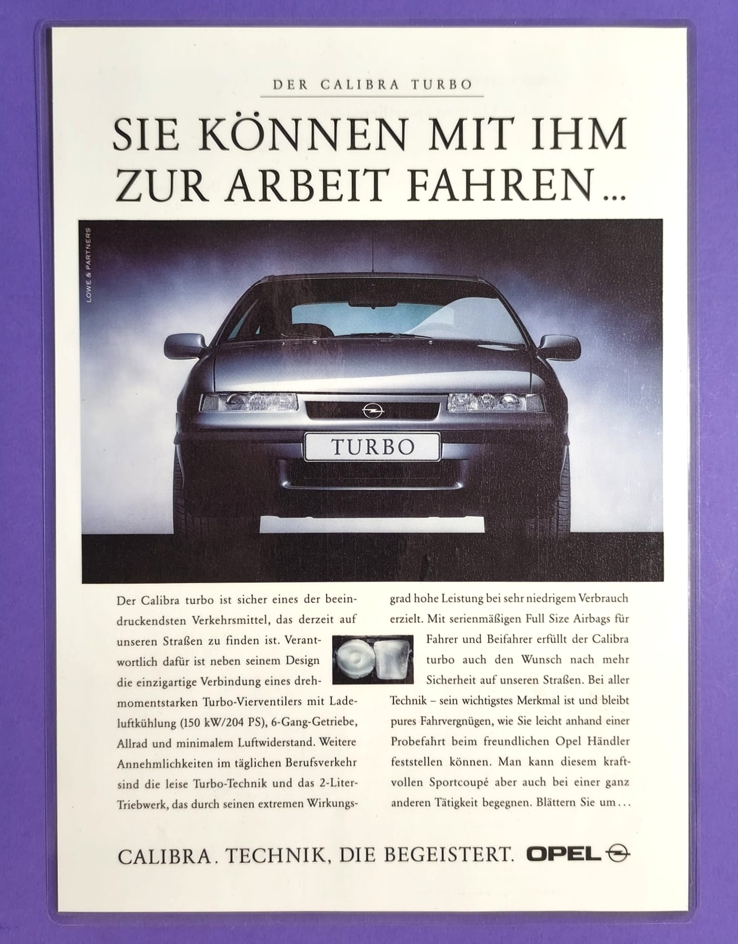 alte Werbung laminiert, Opel Calibra V6 DTM, 90er Jahre, beidseitig Werbungen, 22x30cm