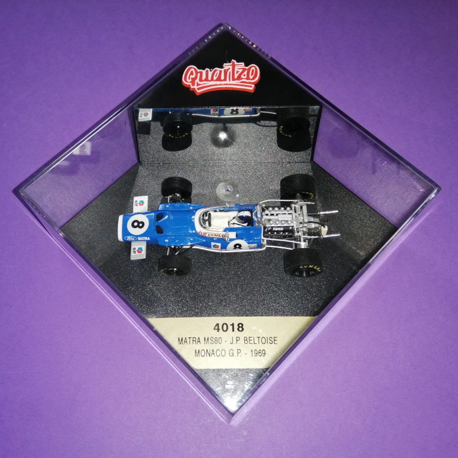 altes Quartzo Modellauto 1:43, Jean Pierre Beltoise, Matra MS80, Formel 1 Grand Prix Monaco 1969, in Original Plexiglasbox.