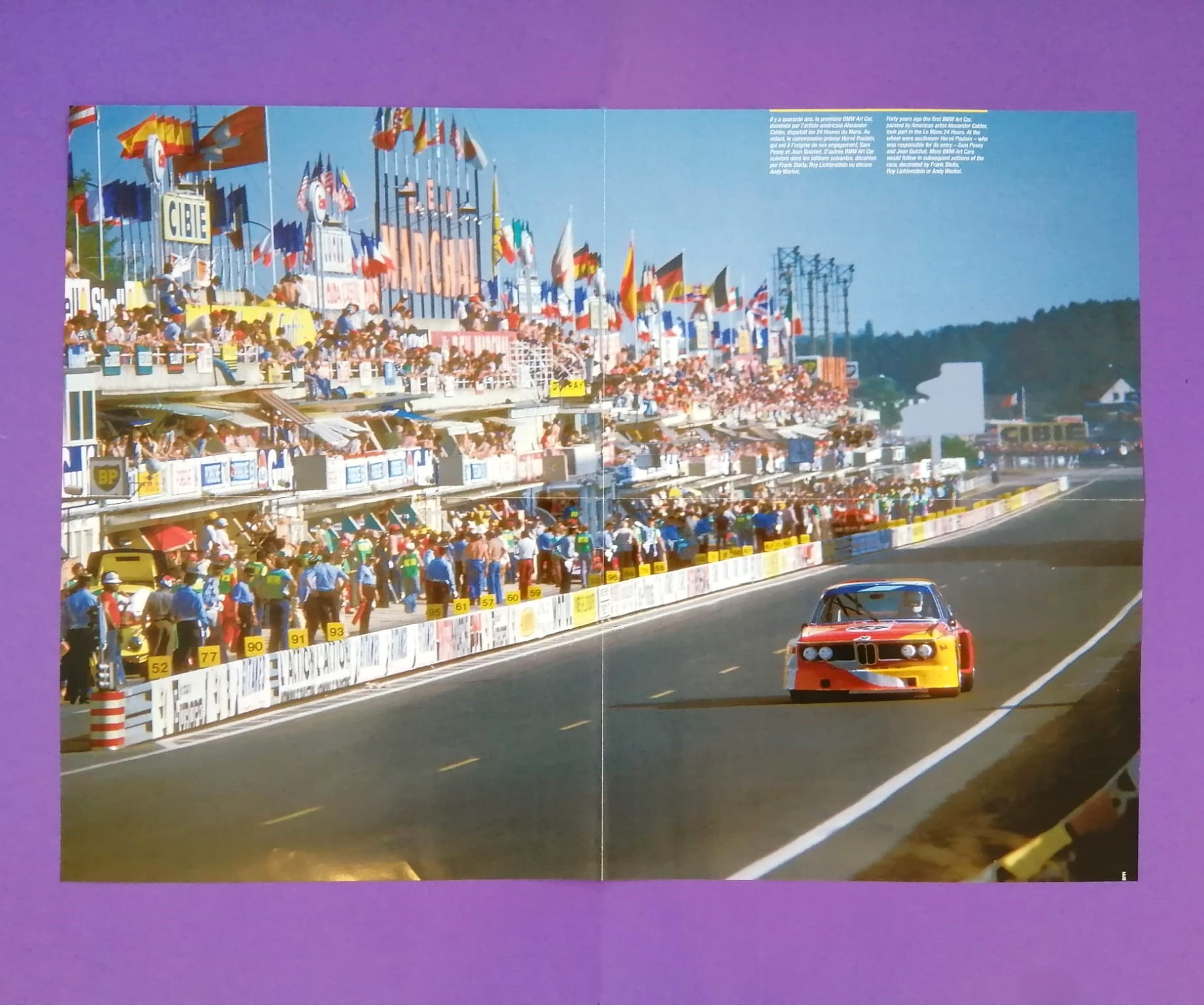 altes Original Rennplakat Doppelposter, 24h LeMans 2015, Audi, Nissan, Porsche, Rückseite BMW 3.0 CSL, Sam Posey, Jean Guichet, 1974, 41x57cm