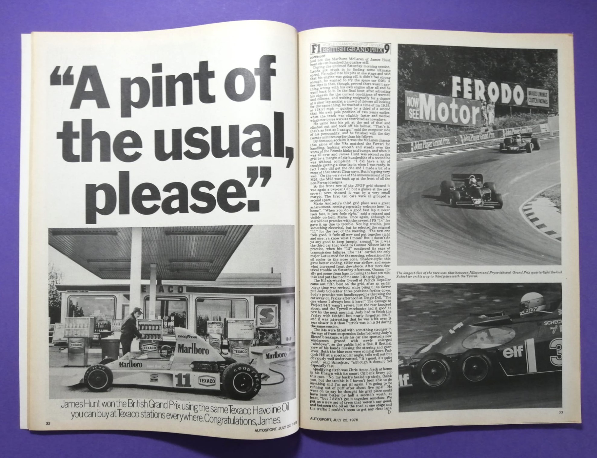 alte Zeitschrift Magazin Heft Autosport, 22. Juli 1976, James Hunt McLaren, Formel 1 Grand Prix Brands Hatch, mit Mittelposter John Watson Penske,.. Englisch!